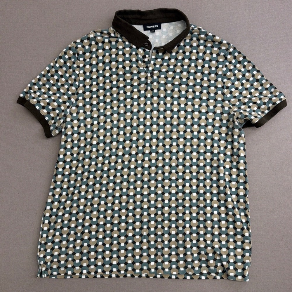 Express Mens XL Polo Shirt Short Sleeve Geometric Honeycomb Pattern‎ Brown Teal